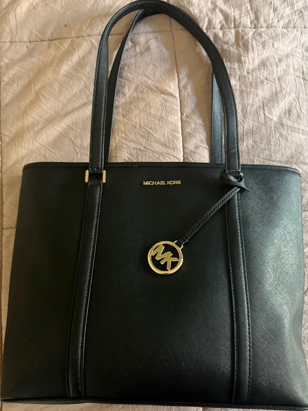 Michael Kors Black Saffiano Tote with Gold Logo Charm